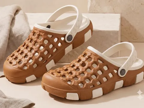 Slideez Article 146 — Perforated Clog · Textured, Brown/White