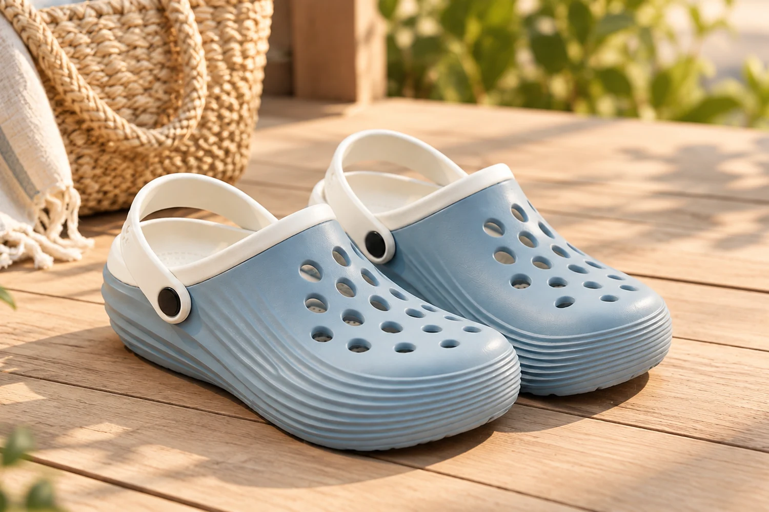 Slideez EVA clogs in a light blue and white colourway, photographed outdoors on decking