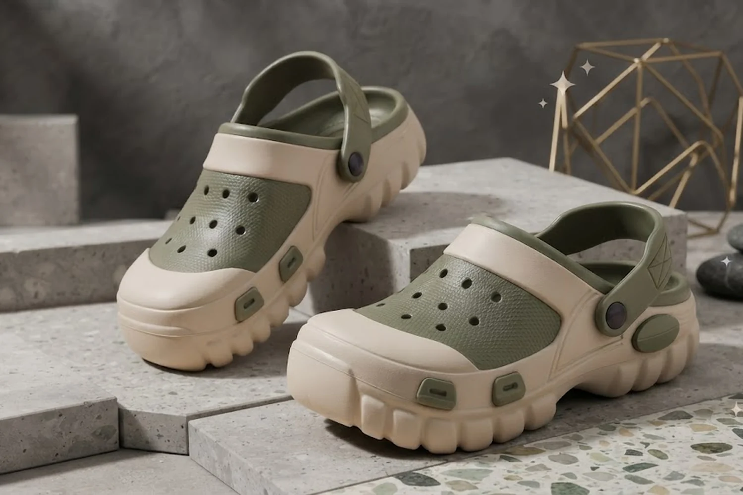 Slideez EVA clogs in olive and cream, photographed on stone
