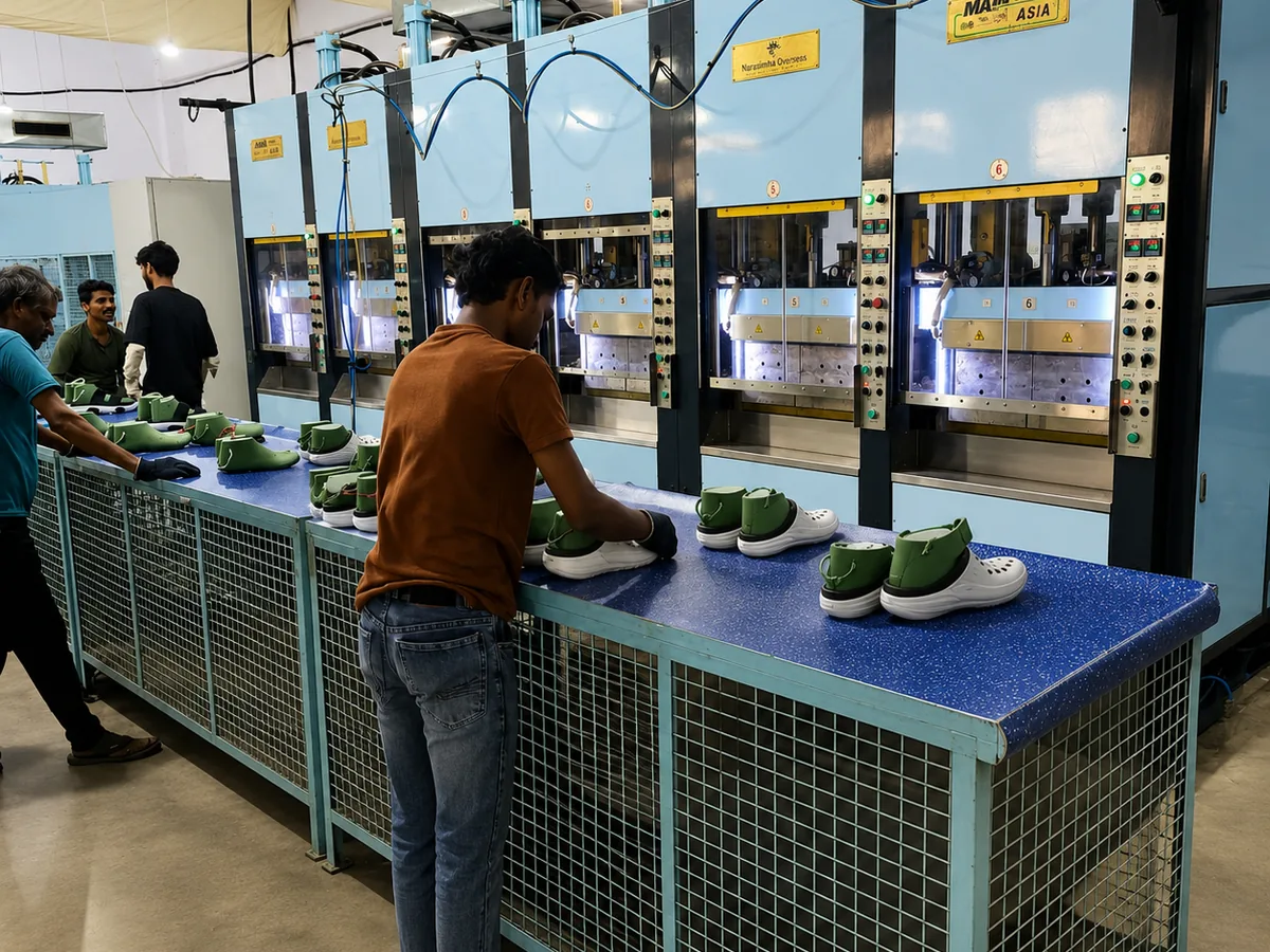 Operators at the injection moulding presses on the Slideez floor in Narela, Delhi