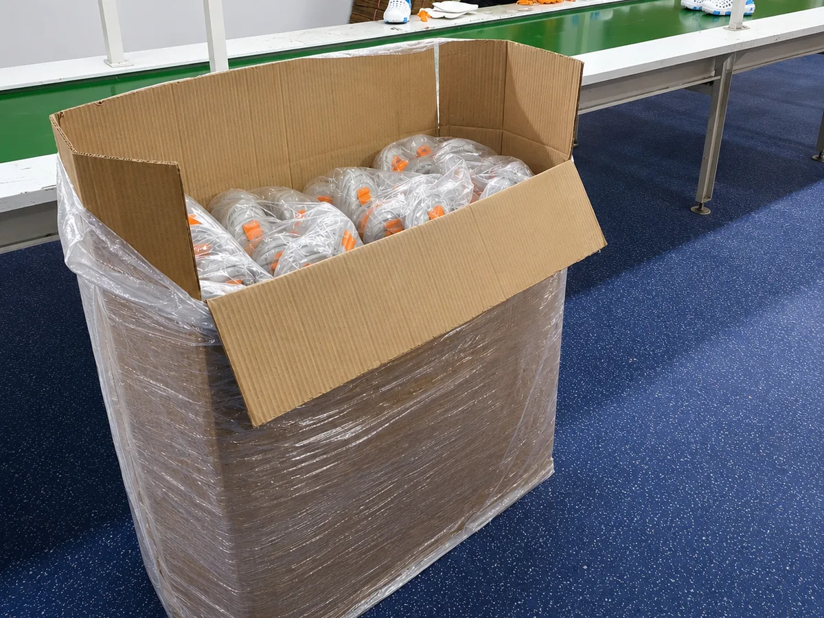Poly-bagged pairs packed into a bulk carton for dispatch