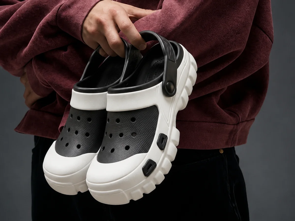 A pair of Slideez clogs fresh from the mould, held in hand